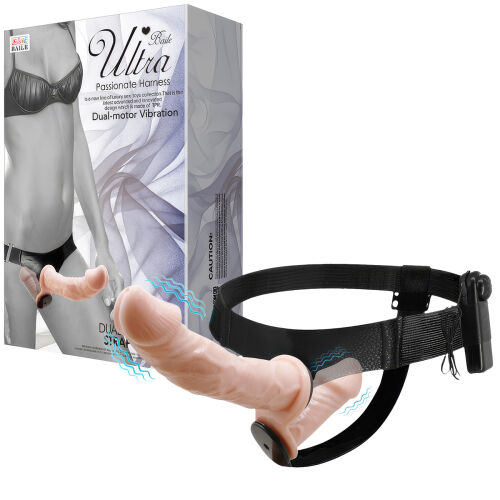 Тілесний двосторонній strap-on з вібраціями два пеніси 10 см + 18 см - 70636320