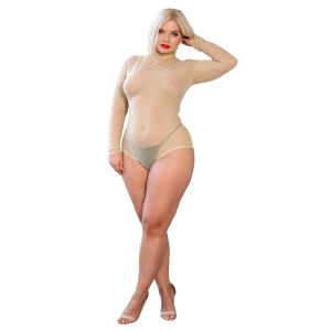 Чуттєве напівпрозоре бежеве боді на блискавці plus size - 72232319