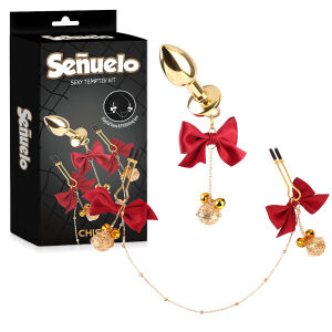 Набір анальна пробка + затискачі для сосків з червоними стрічками - 79050503